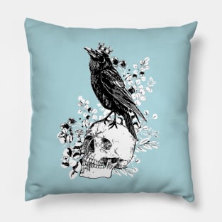 Black raven with skull and crow, skeleton eucaliptus leaves, black and white Pillow