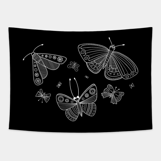 Butterflies line art white Tapestry by yuliia_bahniuk