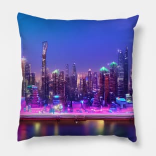 Ai Generated Art Scenery - Futuristic City Near Iluminated River With Beatiful Lighting Pillow