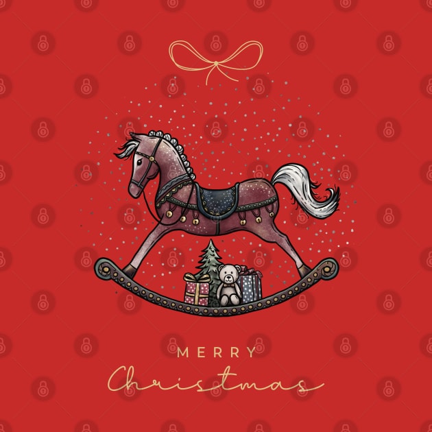 Merry Christmas lettering with Rocking Horse illustration, cute bear, gifts and Christmas tree on a blue snow background. by ChrisiMM