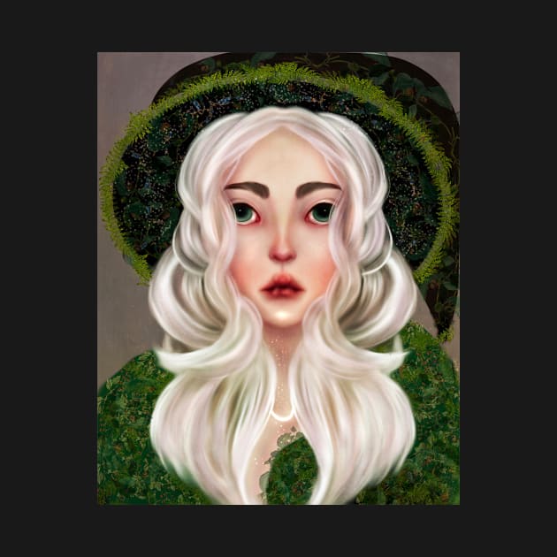 Forest Witch Illustration Fern Witch Hat White Hair Green Eyes Stars and Crescent Moon by penandbea