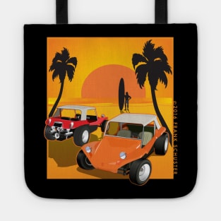 Red and Orange Dune Buggies on Beach w Sunset Tote