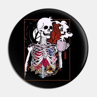 Halloween Coffee Drinking Skeleton Skull Pin