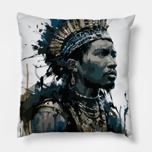 Tribal African Warrior in Costume with Spear in Ink Painting Style Pillow