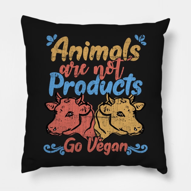 Animals Are Not Products - Go Vegan - Cow vintage distressed graphic Pillow by theodoros20