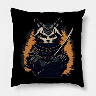 Samurai Cat Holding Katana Pillow