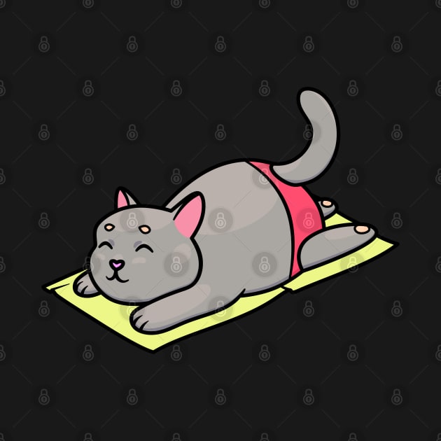 Chubby gray cat in red swimming trunks resting on a towel by 2dsandy