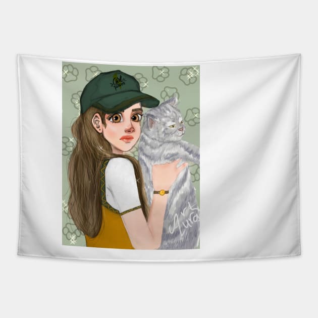 Girl with cat Tapestry by AuraArtDesigner