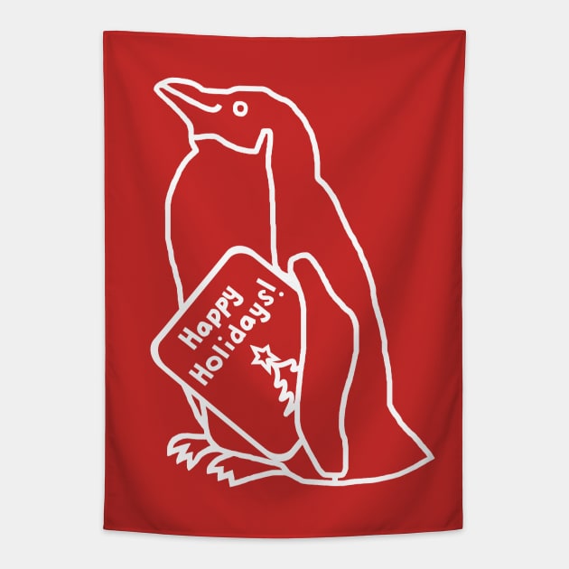 White Line Drawing Cute Christmas Penguin says Happy Holidays Tapestry by ellenhenryart