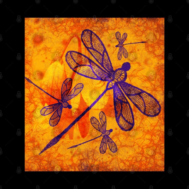 Navy-blue embroidered dragonflies on textured vivid orange background by hereswendy