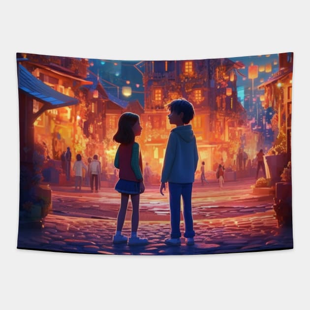 boy and girl in a beautiful fairy tale city Tapestry by WLBT