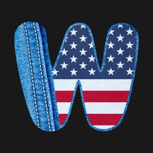 The letter W with texture of blue denim fabric and USA flag - Monogram W and jean fabric and American flag- Denim fabric english alphabet A to Z T-Shirt