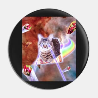 Laser Eyes Space Cat Riding Rainbow Pizza Pin