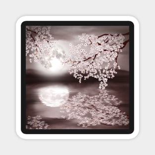 Cherry blossom branch. Full moon on water watercolor landscape illustration Magnet