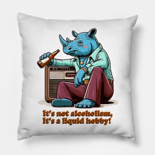 Retro Drunk Rhino Cartoon - 70s Party Animal with Vintage Radio and Humor Quote Pillow