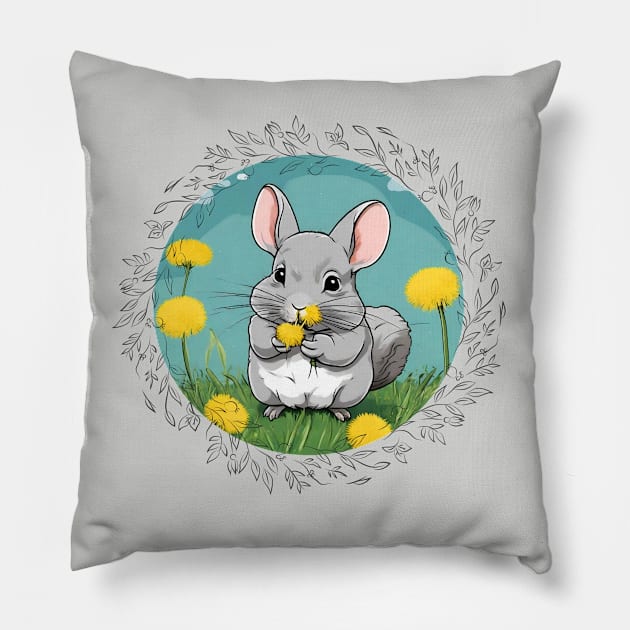 Cute Grey Chinchilla Eating Dandelions Design Pillow by vwagenet