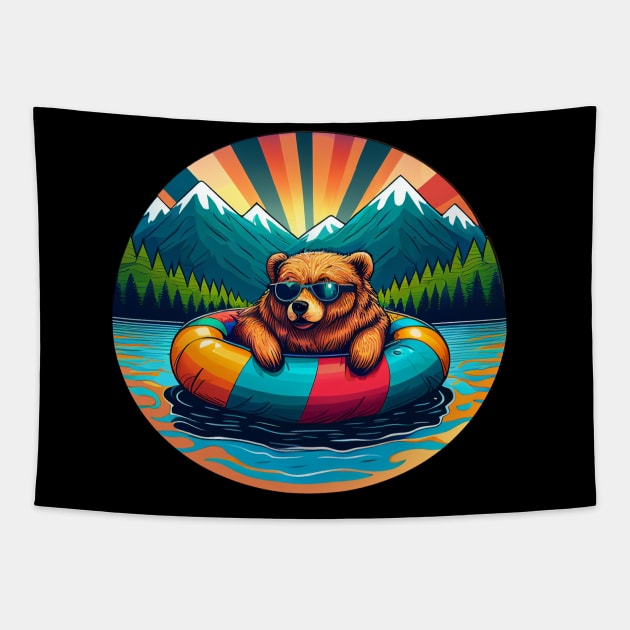 Grizzly Bear in Sunglasses Floating on a Lake with Mountains and Trees Tapestry by Pine Hill Goods