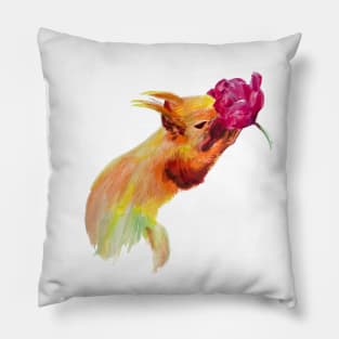 watercolor colourful squirrel drawing smelling flower Pillow