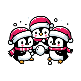 Adorable Cute Penguin Santa Hat Winter Snowball Fight T-Shirt