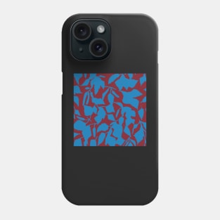 Birch leaves blue on dark red, seamless pattern Phone Case