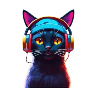 a blue and dark cat wearing headphones T-Shirt