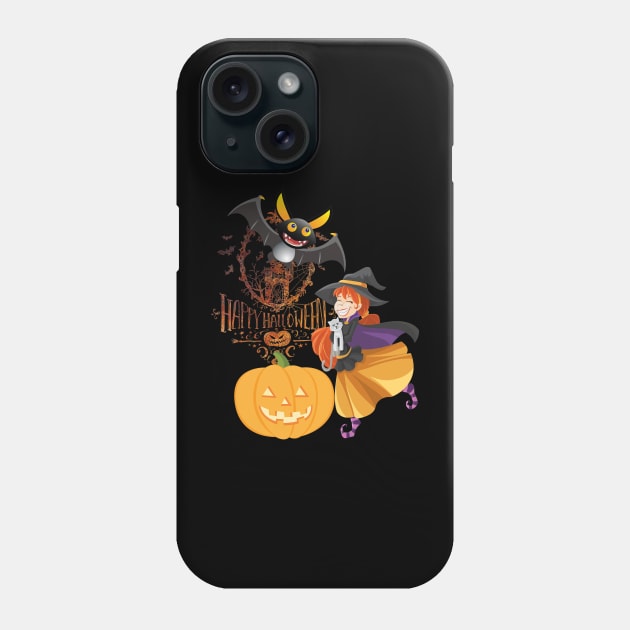 Happy Halloween Bat Witch and Pumpkin Phone Case by TigsArts