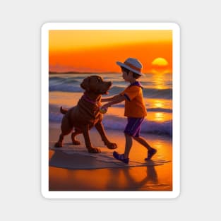 child playing with a dog on the beach. Magnet