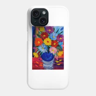 Some fun and colorful abstract flowers in glass vase set against a multi color background. Phone Case
