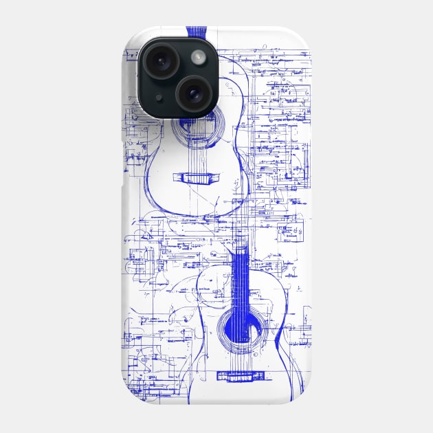 Blue Neon Acoustic Guitar Da Vinci blueprint Phone Case by Trip Tank