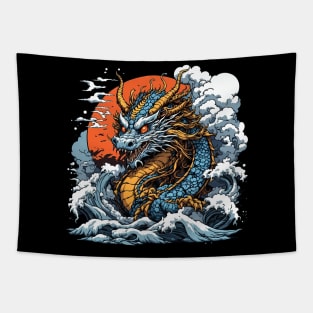 Dragon against the backdrop of a setting sun bathed in ocean waves Tapestry