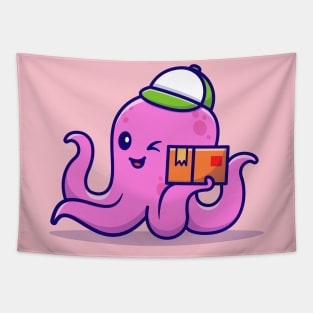 Cute Octopus Courier Holding Package Cartoon Tapestry