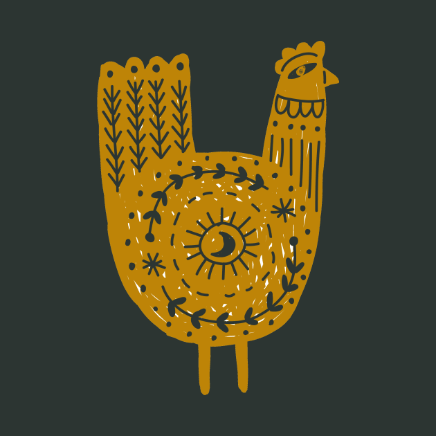 Folk Art Chicken in Gold and Black by Pixelchicken