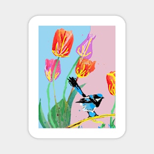 Abstract Blue Wren and Tulips Painting - on Pale Pink and Blue Magnet