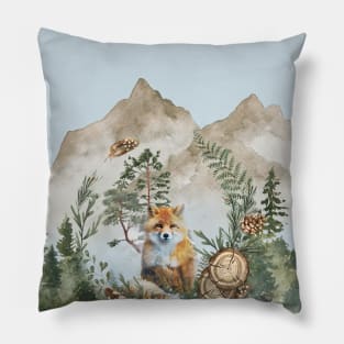 Mountain Forest Red Fox Watercolor Pillow