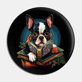 Boston Terrier Reads Book Pin