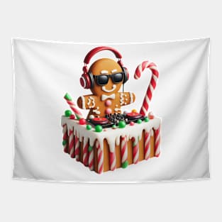 Funny Gingerbread DJ Booth Christmas Holiday Candy Cane Tapestry