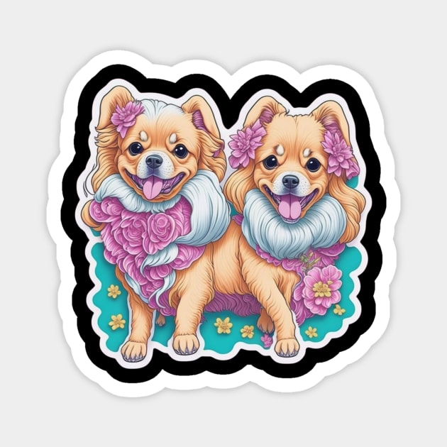 Happy Long Hair Dogs – Short-Legged Puppy Pair Magnet by IamActiveDog