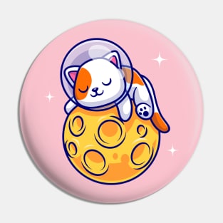 Cute Cat Astronaut Sleeping On Moon Cartoon Pin