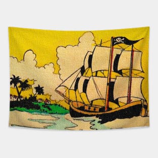 Sailing boat under a yellow sky Tapestry