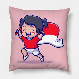 Cute Girl Holding Indonesian Flag Cartoon Pillow