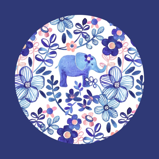 Pale Coral, White and Purple Elephant and Floral Watercolor Pattern by micklyn