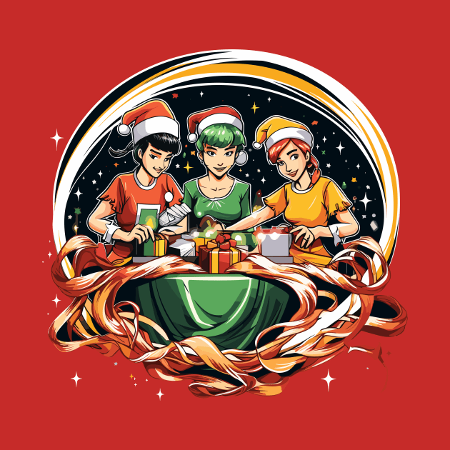 Christmas Elves: Gift Wrapping by the Table by InkInspire