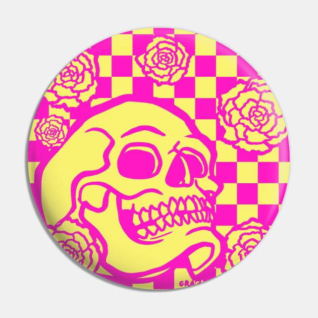 Skull and Roses Checkerboard (Pink Version) Pin by Jan Grackle