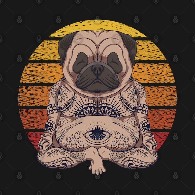 Yoga Pug Dog Sunset Vintage by Mako Design 