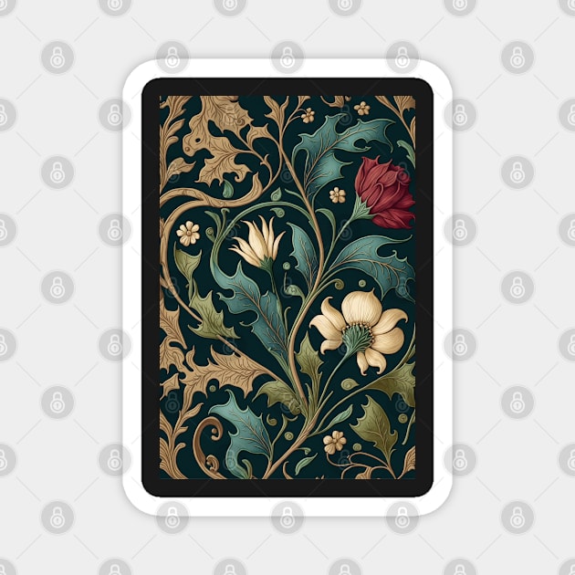 Floral Garden Botanical Print Black Background Magnet by FloralFancy