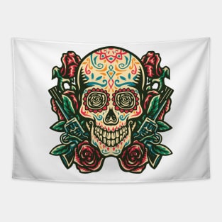 vintage sugar skull with gun rose Tapestry