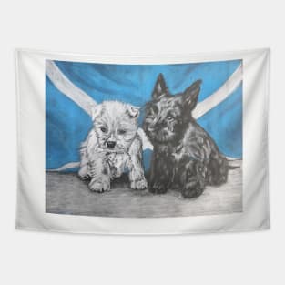 Scottie And Westie Pups With Scottish Flag Tapestry