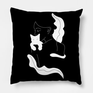 Girl with White Cat and Plants / Line Art Pillow