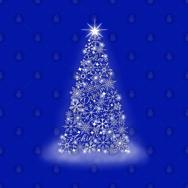 Inspirational Snowflake Christmas Tree, Believe, Dream & Achieve (Royal Blue Background) by Deez Pixel Studio