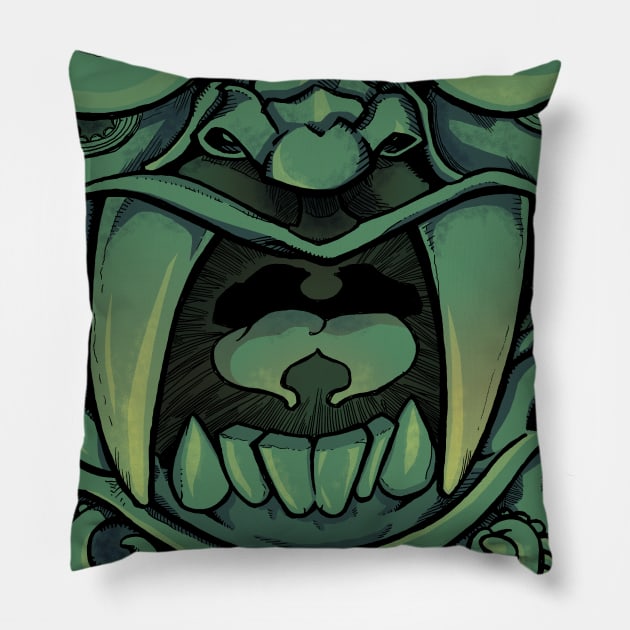 Oni Mask - Verde Pillow by C E Richards